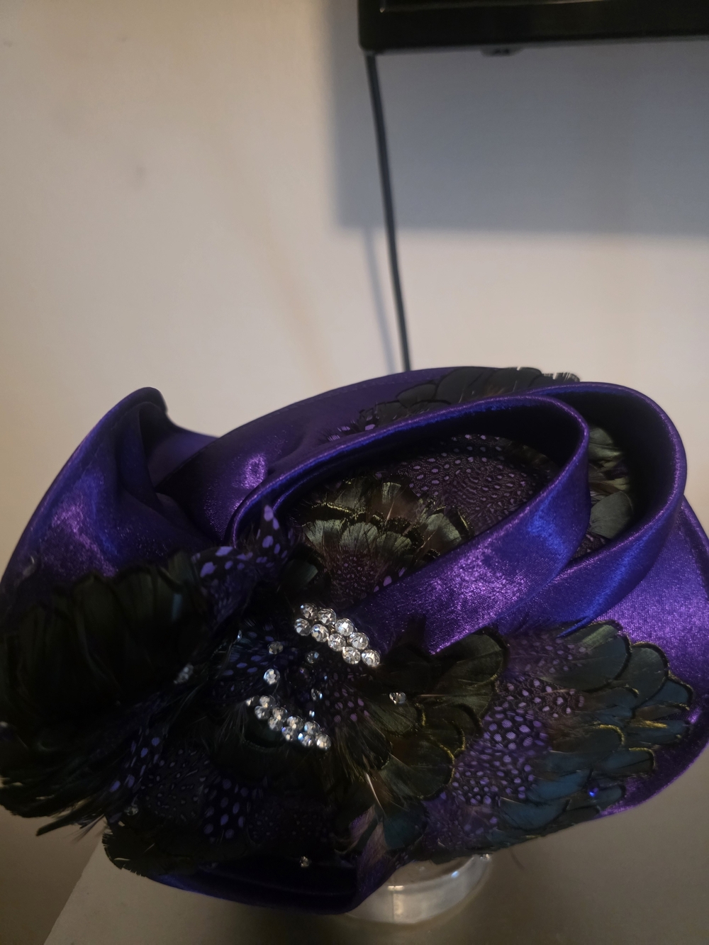 Purple Satin Feathered Fascinator Hat with Crystal Accent